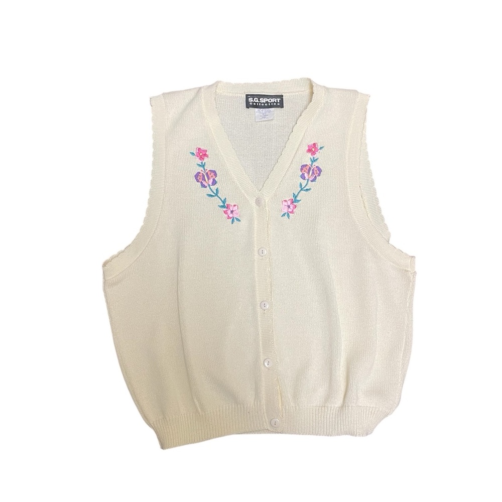 Vintage SG SPORT Floral Embroidered Sweater Vest Cottagecore Women's XL